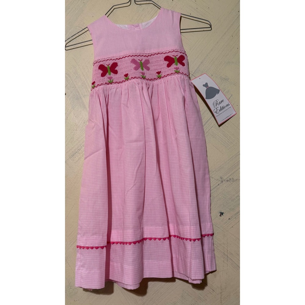 Rare Editions Girls Pink Gingham Smocked Butterfly Dress S339421 Size 5 NWT
